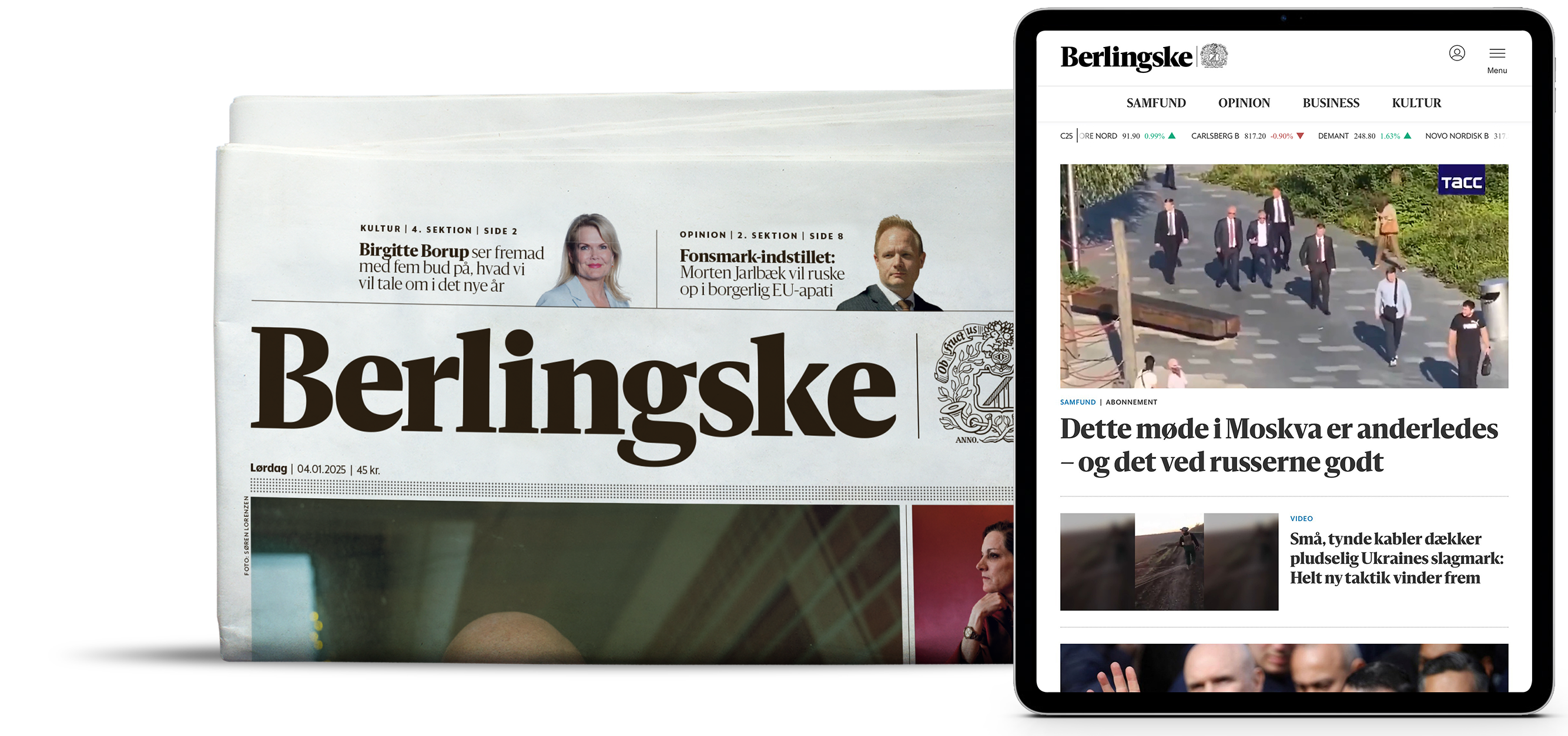 Billede af en mobil som besøger berlingske.dk og Berlingske som avis
