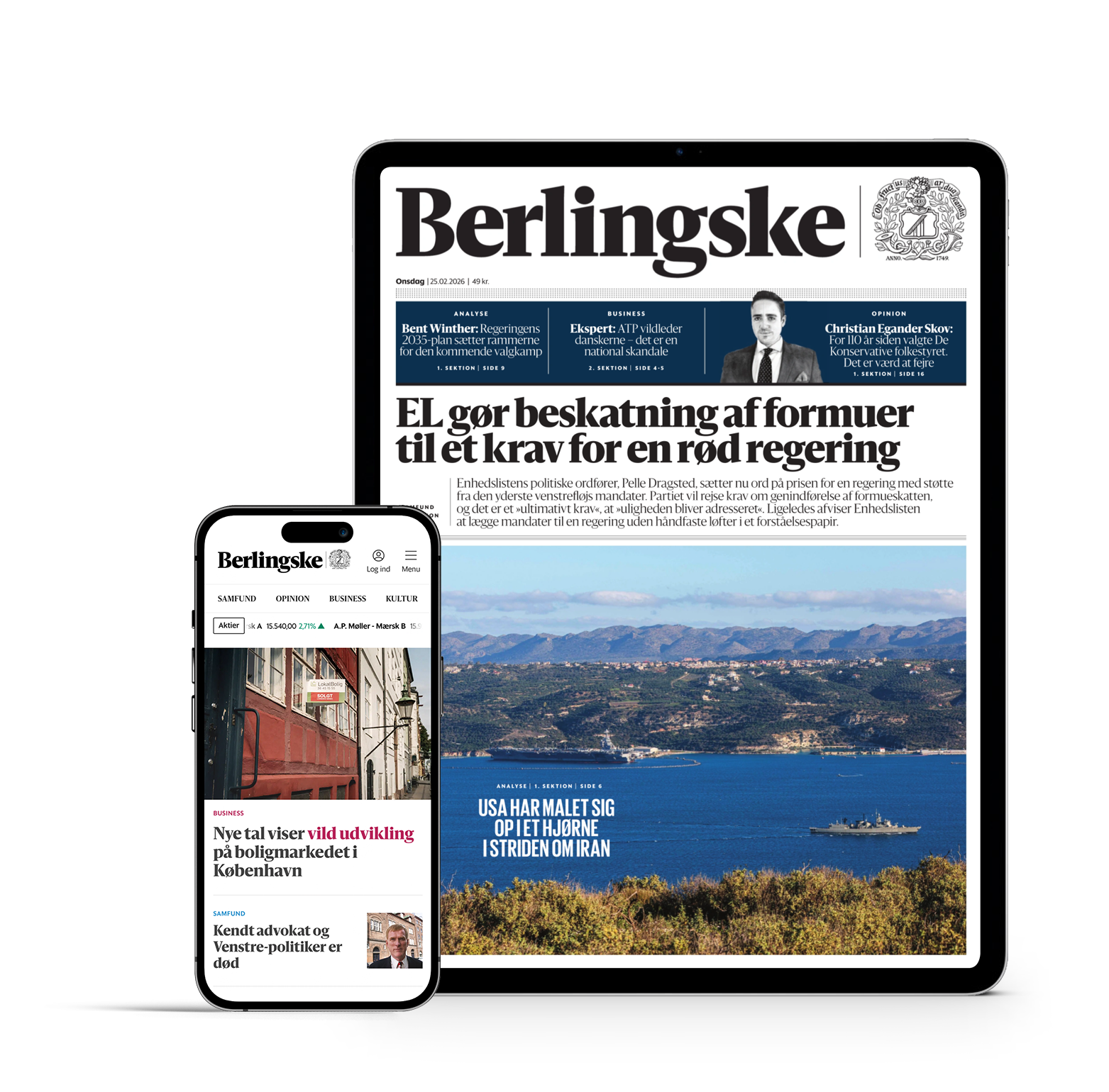 Packshot af mobil og tablet som besøger berlingske.dk